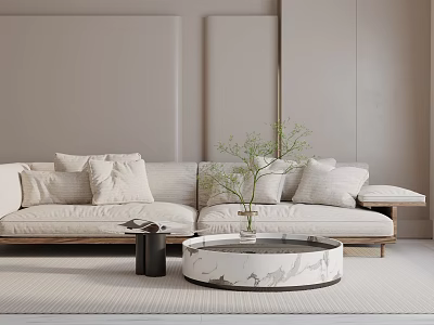 Beige Three Seater Sofa With Wooden Base Round Marble Coffee Table Vase Green Plants 3d model