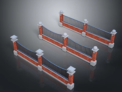 Brick Pillar Iron Railings 3D Model With White Top Decorations 3d model