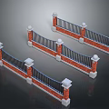 Brick Pillar Iron Railings 3D Model With White Top Decorations