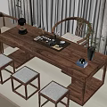 Elegant Traditional Chinese Wooden Tea Table And Chairs With Tea Set Stools And Potted Plant