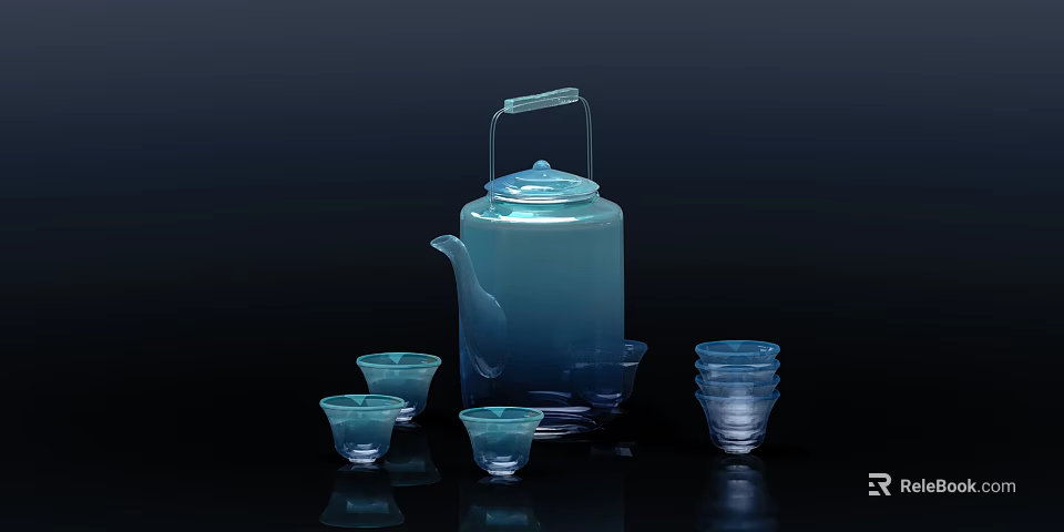 Blue Transparent Tea Set With Handle Lid Teapot And Small Teacups On Dark Background 3d model 
