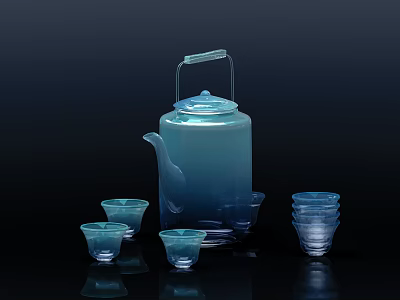 Blue Transparent Tea Set With Handle Lid Teapot And Small Teacups On Dark Background 3d model