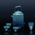 Blue Transparent Tea Set With Handle Lid Teapot And Small Teacups On Dark Background