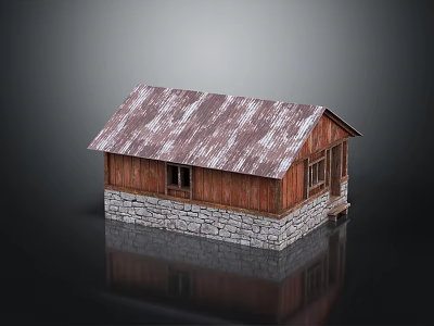 Rustic Residential House With Rusted Metal Roof And Stone Wooden Walls 3d model