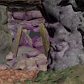 Rocky Cave Interior With Wooden Beams And Light Through Opening