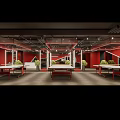 Modern Gym Interior With Red Fitness Equipment And Neon Lights