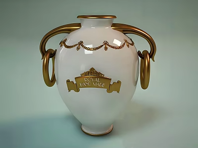 White Vase with Golden Decorations Double Handles Crown and Royal Innisfree Inscription 3d model