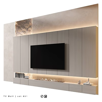 Modern TV Wall Design With Gray Wooden Panels LED Lighting And Decorative TV Console 3d model