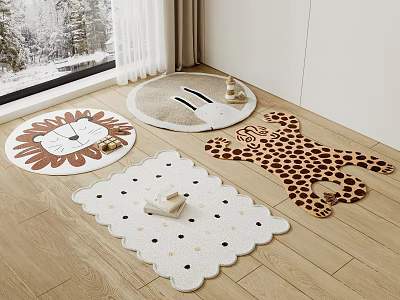 Round Animal Pattern Rugs In Kids Room With Wooden Floor 3d model