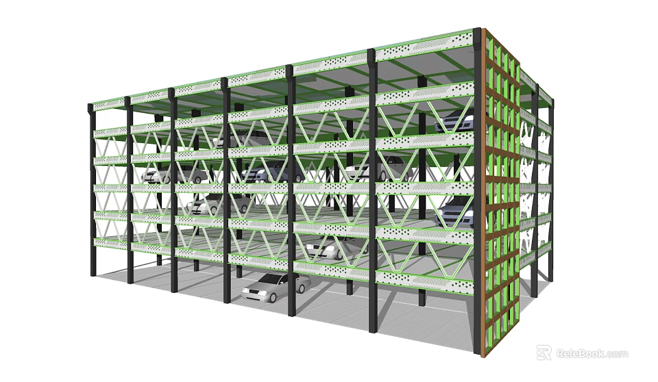 Multi Level Mechanical Parking Garage With Steel Green Frame And Car Spaces 3d model 