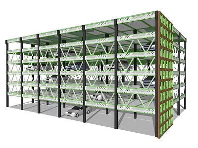 Multi Level Mechanical Parking Garage With Steel Green Frame And Car Spaces 3d model