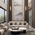 Elegant New Chinese Style Open Plan Living And Dining Room With High Ceiling Wooden Decoration