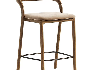 Modern Wooden Bar Stool With Curved Backrest Beige Upholstered Seat And Metal Footrest 3d model