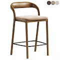 Modern Wooden Bar Stool With Curved Backrest Beige Upholstered Seat And Metal Footrest