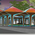 Colorful Pergola With Vibrant Roof And Blue Beams Surrounded By Palm Trees Pool And Greenery