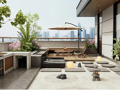 Modern Villa Balcony with Lush Plants Outdoor Furniture and City View 3d model