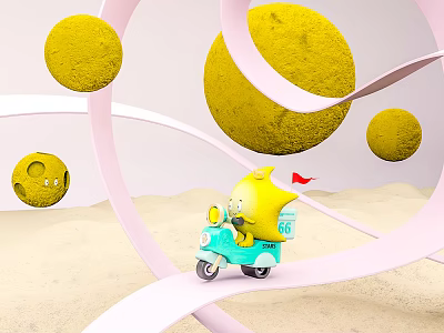 Yellow Reptile Character Riding Blue Scooter Near Pink Ring Orbit And Yellow Planets On Sandy Ground 3d model