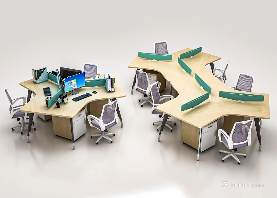 Modern Office Desk And Chair Set With Curved Workstations And Gray Wheeled Chairs 3d model 