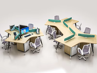 Modern Office Desk And Chair Set With Curved Workstations And Gray Wheeled Chairs 3d model