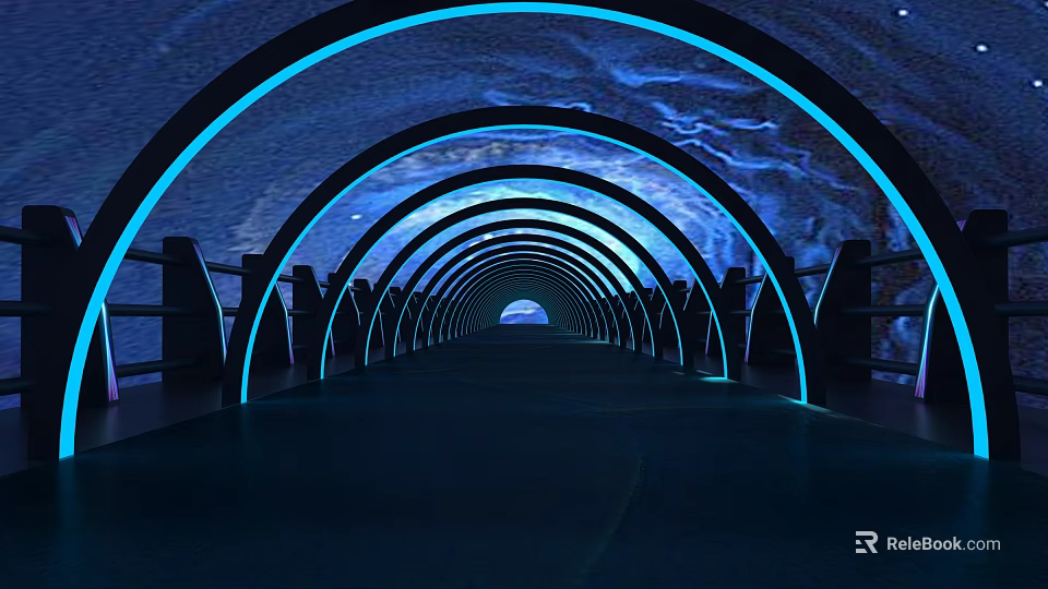 Illuminated Modern Arched Bridge Tunnel With Blue Lights And Night Sky Background 3d model 