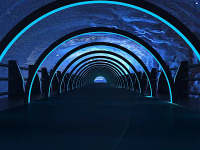 Illuminated Modern Arched Bridge Tunnel With Blue Lights And Night Sky Background 3d model