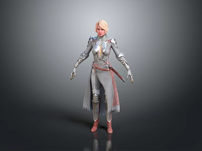 Fantasy Female Character in Silver Red Armor with Long Hair Standing on Gray Background 3d model