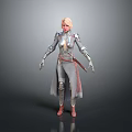 Fantasy Female Character in Silver Red Armor with Long Hair Standing on Gray Background