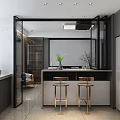 Modern Restaurant Interior With Dining Table Chairs Open Kitchen Ceiling Light And Wall Clock