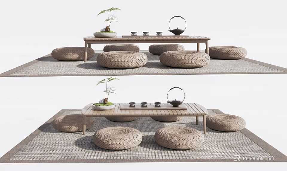 Natural Wooden Tea Table With Woven Floor Cushions Tea Set And Small Plant 3d model 