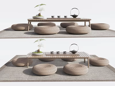 Natural Wooden Tea Table With Woven Floor Cushions Tea Set And Small Plant 3d model