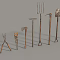Vintage Agricultural Tools Collection Featuring Shovels Rakes Axes And Hoes With Wooden Handles