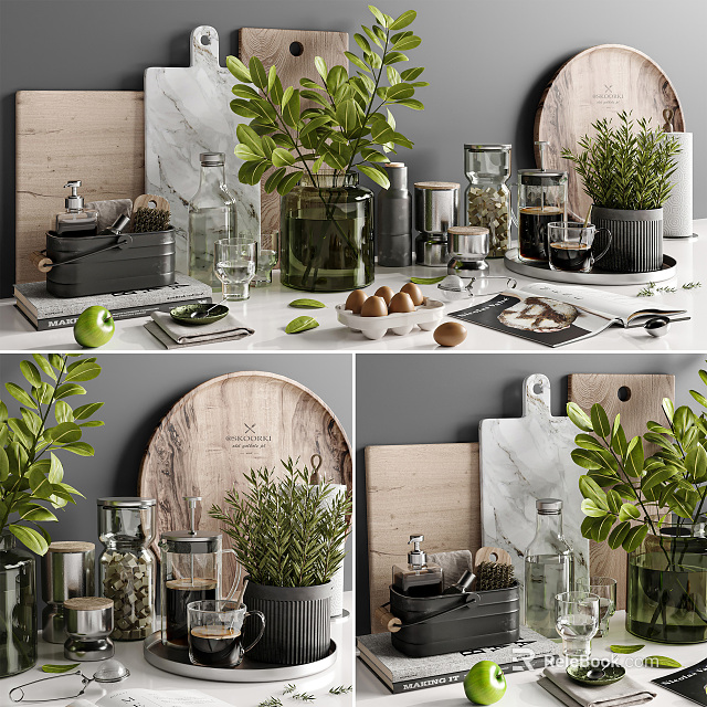 Stylish Kitchenware Display With Wooden Marble Countertop Glass Jars Fresh Herbs And Green Plants 3d model 