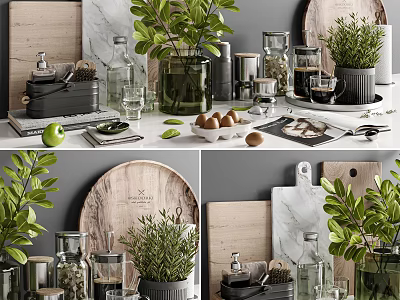 Stylish Kitchenware Display With Wooden Marble Countertop Glass Jars Fresh Herbs And Green Plants 3d model