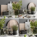 Stylish Kitchenware Display With Wooden Marble Countertop Glass Jars Fresh Herbs And Green Plants