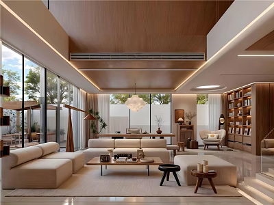 Modern Duplex Living Room Interior Design With Wooden Ceiling Large Windows And Bookshelves 3d model