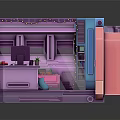Cartoon Style Sci Fi Room Interior With Colorful Sofa Console Shelves And Lighting