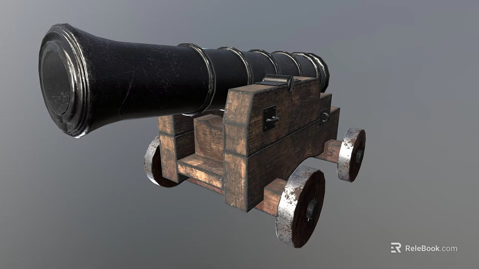 Antique Cannon Weapon With Black Barrel Wooden Carriage And Metal Wheels 3d model 