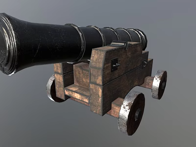 Antique Cannon Weapon With Black Barrel Wooden Carriage And Metal Wheels 3d model