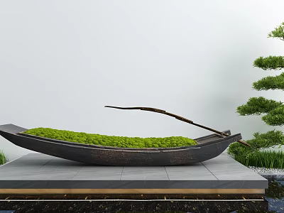 Boat Shaped Garden Ornament With Green Moss And Trimmed Pine Tree On Stone Platform 3d model