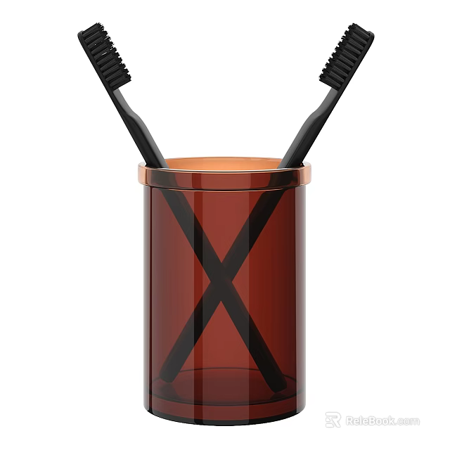 Brown Glass Cup With Black Toothbrushes And Orange Rim For Bathroom Use 3d model 