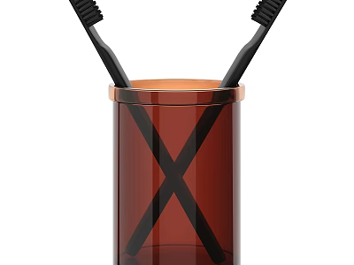 Brown Glass Cup With Black Toothbrushes And Orange Rim For Bathroom Use 3d model