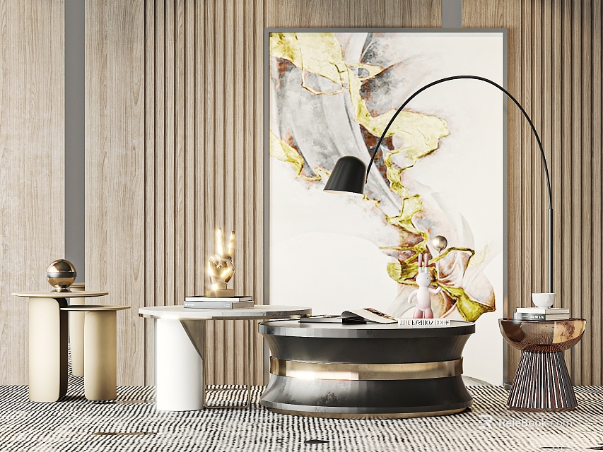 Stylish Coffee Table with Wooden Wall Abstract Painting and Floor Lamp in Living Space 3d model 