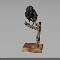 Realistic Black Bird Perched On Tree Branch With Wooden Base Stand