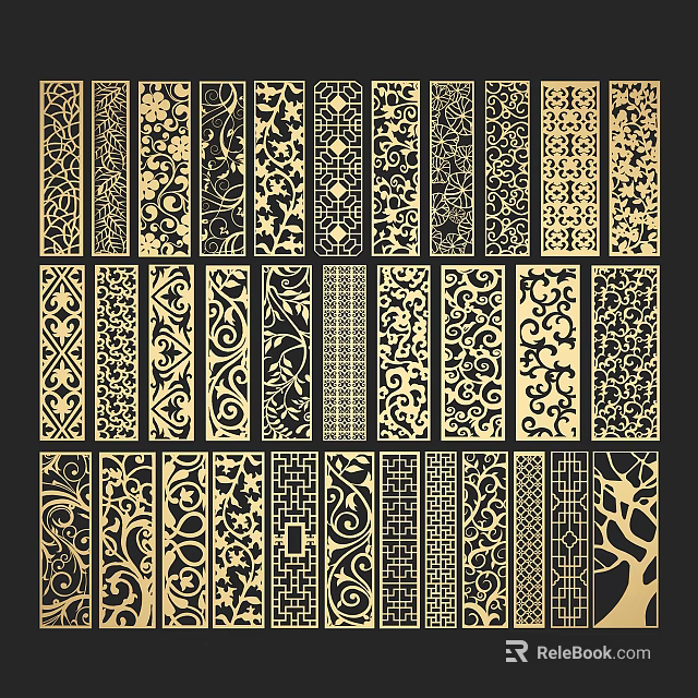 Decorative Room Dividers With Various Intricate Carved Patterns And Gold Black Designs 3d model 