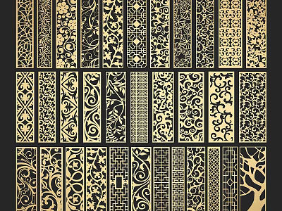Decorative Room Dividers With Various Intricate Carved Patterns And Gold Black Designs 3d model