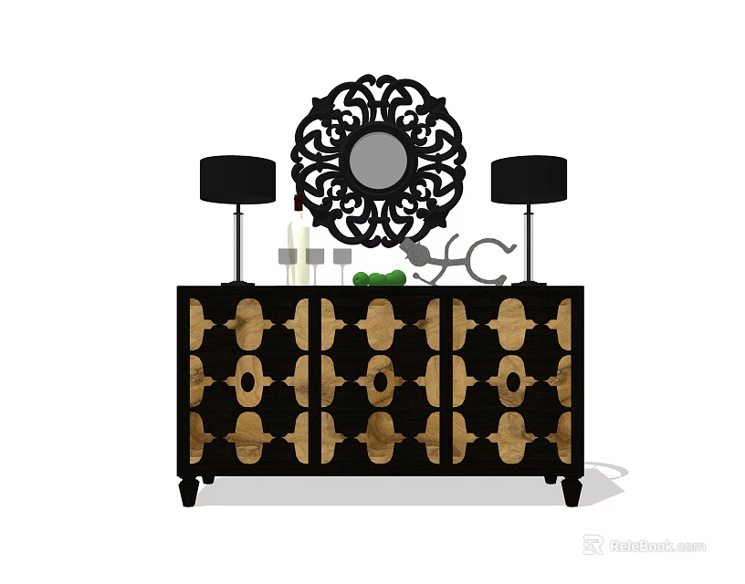 Entryway Console Table with Black Frame Gold Pattern Ornate Mirror and Table Lamps 3d model