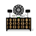 Entryway Console Table with Black Frame Gold Pattern Ornate Mirror and Table Lamps 3d model