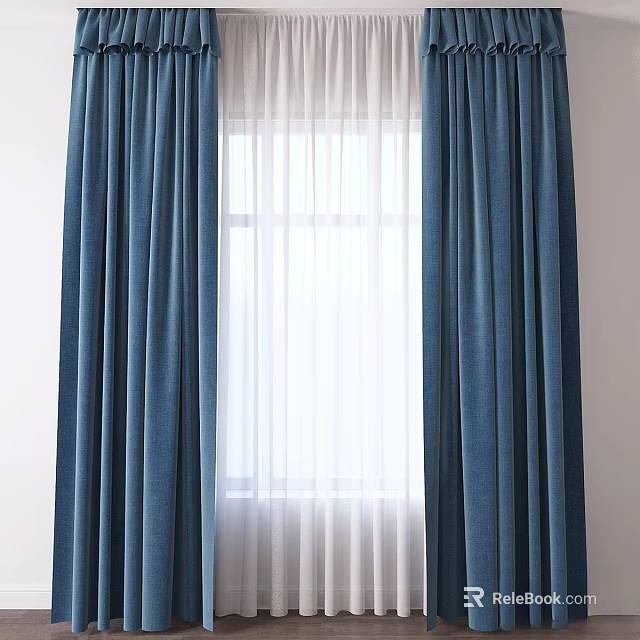 Blue Curtains With White Sheer Panels For Bright Window Light 3d model