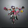 Central Fantasy Character Surrounded By Multiple Creature Heads With Colorful Hair And Green Glowing Dots