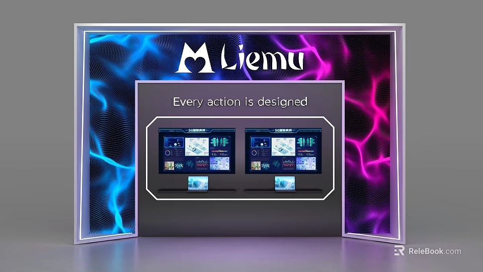 Tech Themed Background Wall With Liemu Logo Blue Pink Lighting Slogan And Display Screens 3d model 